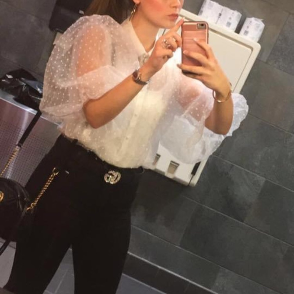 White polkadot puff sleeve organza top